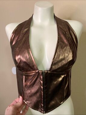 Windsor Bronze Faux Leather Halter Corset club Top M 💕 NWT